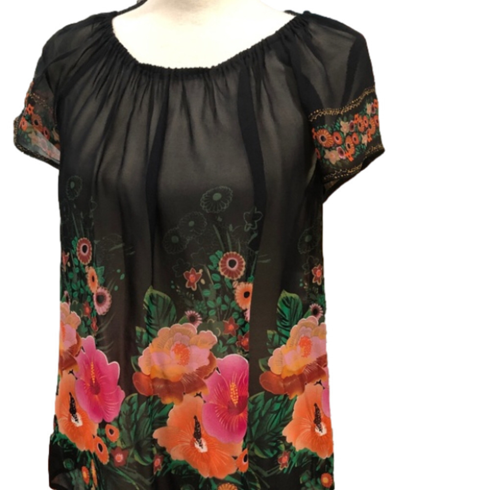 Anthropologie FEI Hibiscus Floral Pattern Sheer Silk Black Peasant Blouse M - Picture 3 of 11